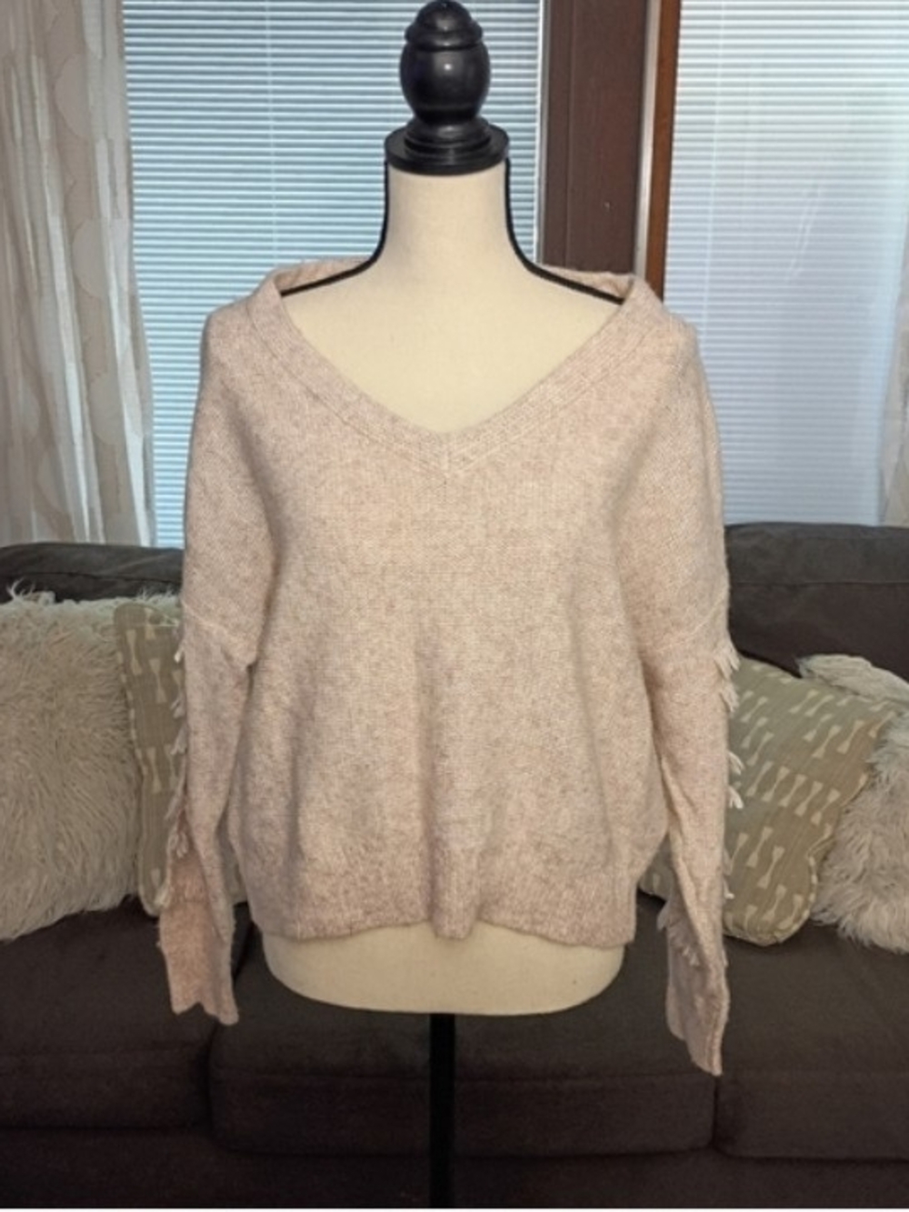 Cozy V-Neck Fringe Sleeve Sweater in Soft Blush Coquette, XL